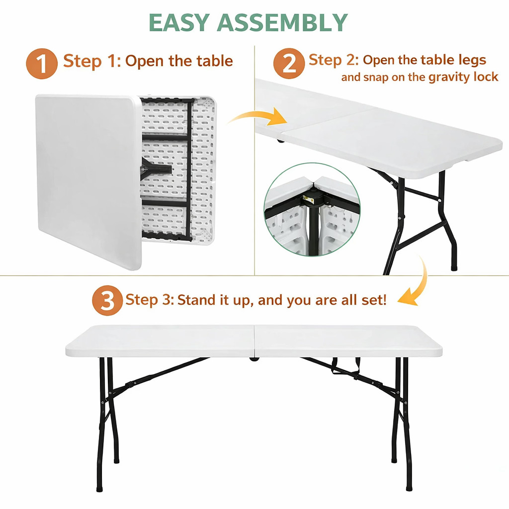 Folding Table 6ft Portable Heavy Duty Plastic Fold-in-Half Utility 6FT, White
