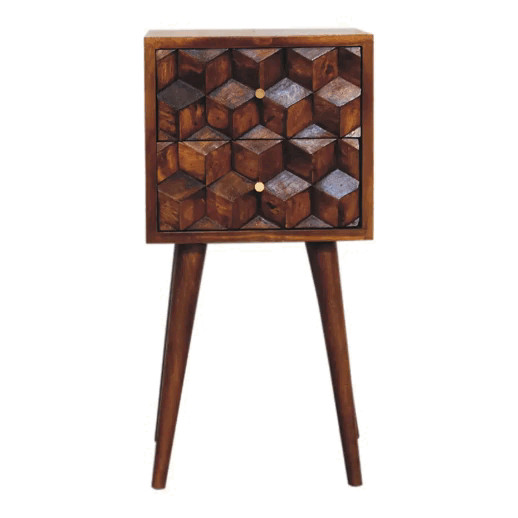 Solid Wood Mini Cube Nightstand, 2-Drawers, Chestnut, Brown