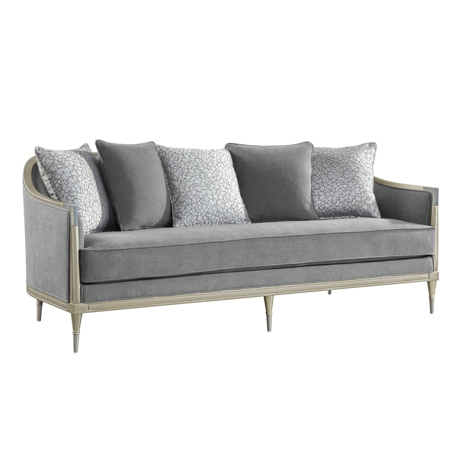 Elegant Fernando Champagne & Gray Chenille Sofa w/5 Pillows, Metal Nickel