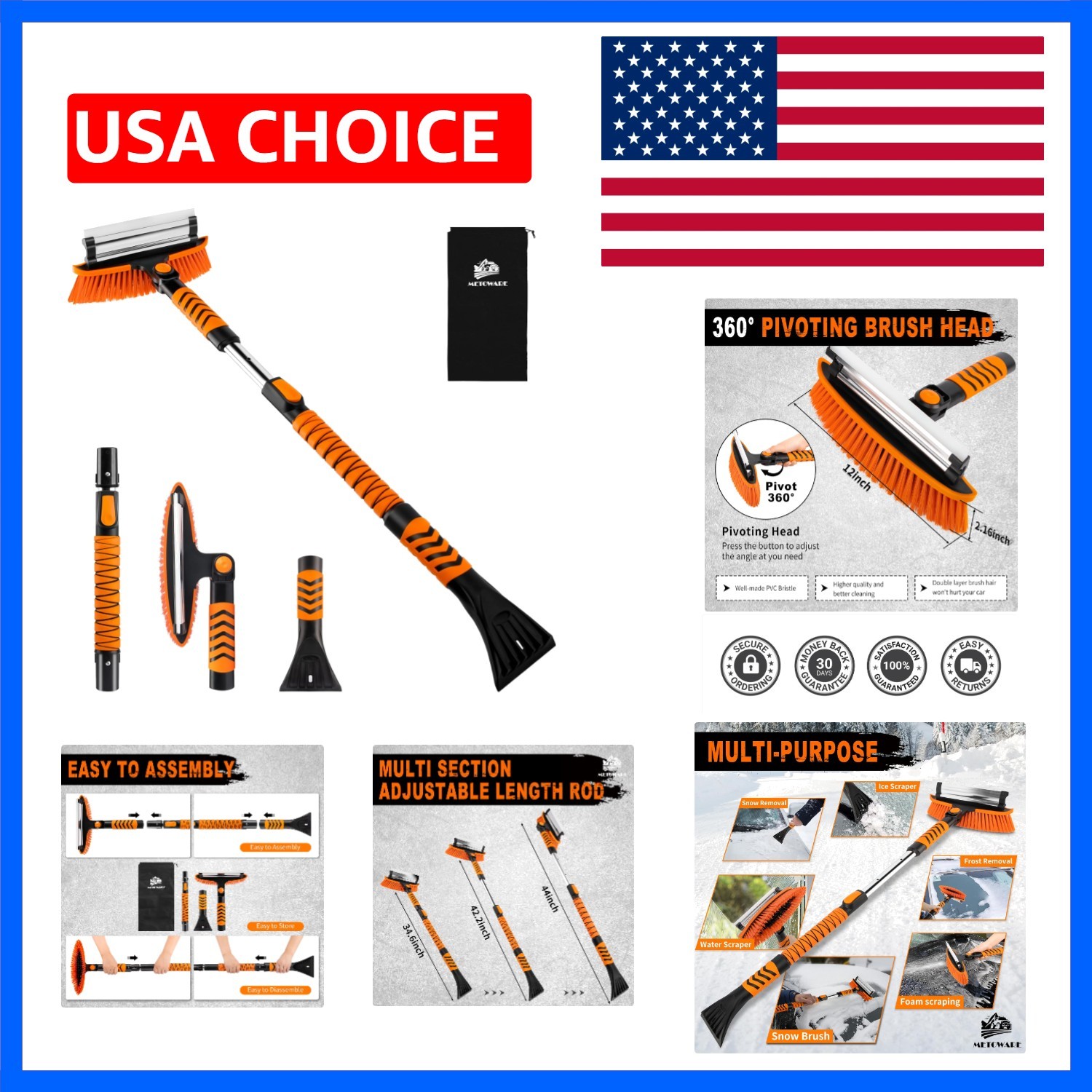 44'' Snow Brush and Ice Scrapers for Car Windshield | Extendable, Ergonomic F...