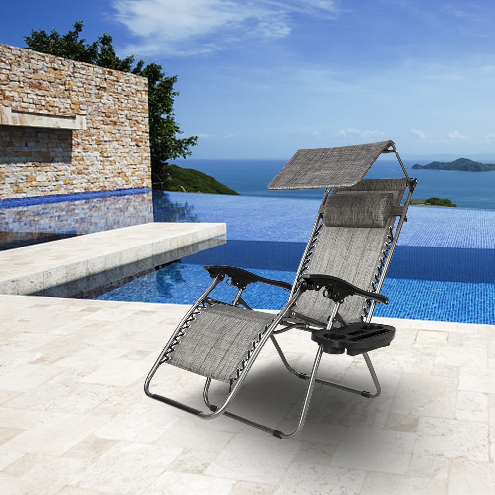 43" Zero Gravity Folding Patio Lounge Chairs w/ Canopy Sunshade Cup Drink Holder