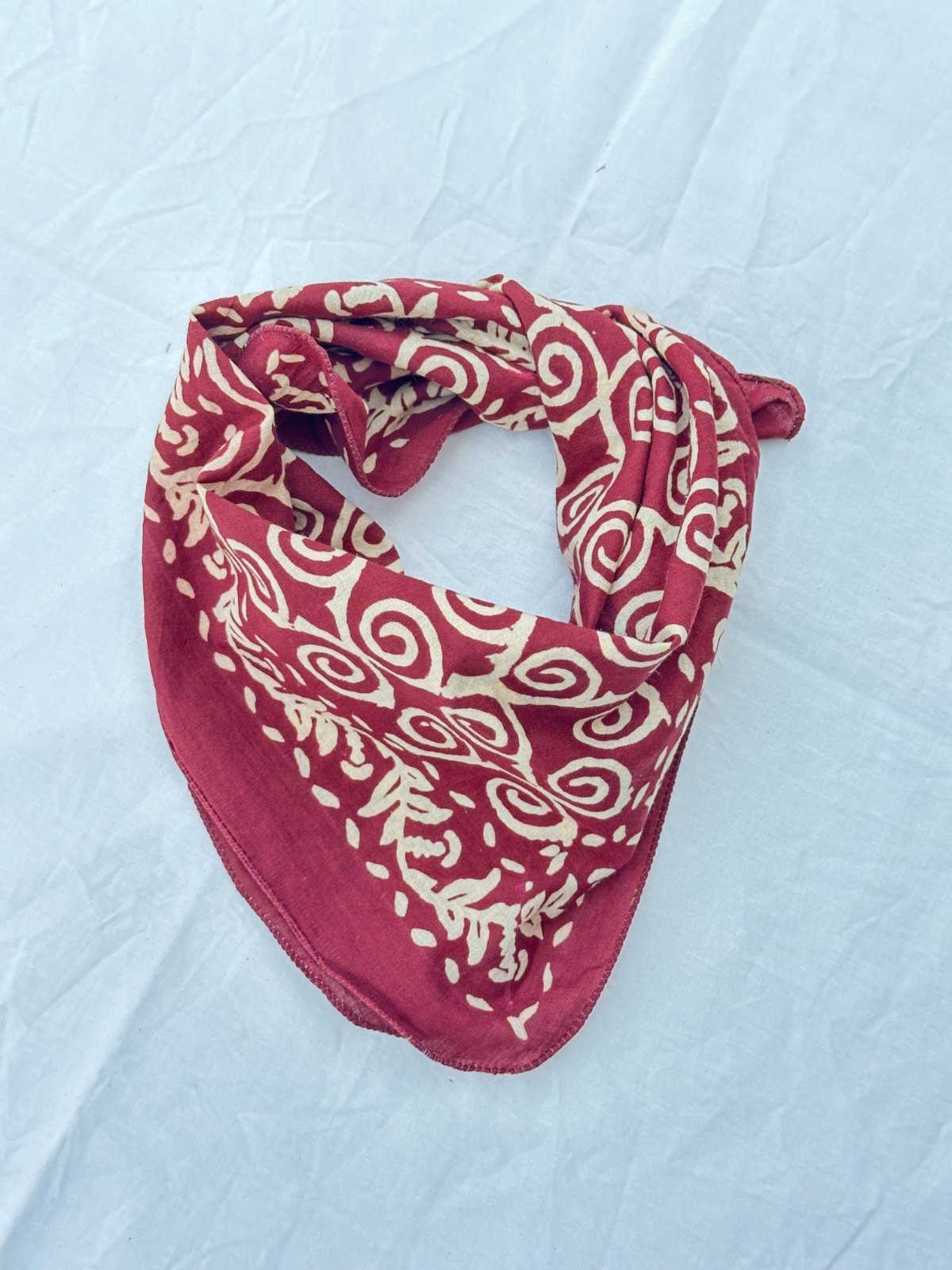 Hand Block Printed Organic Cotton Bandana Wine Red Floral Scarf  Boho Hair Wrap