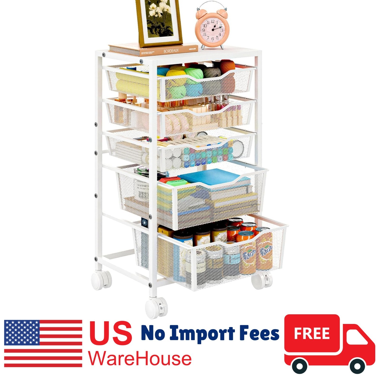 5 Drawer Rolling Storage Cart Metal Utility Organizer Craft Art Cart White