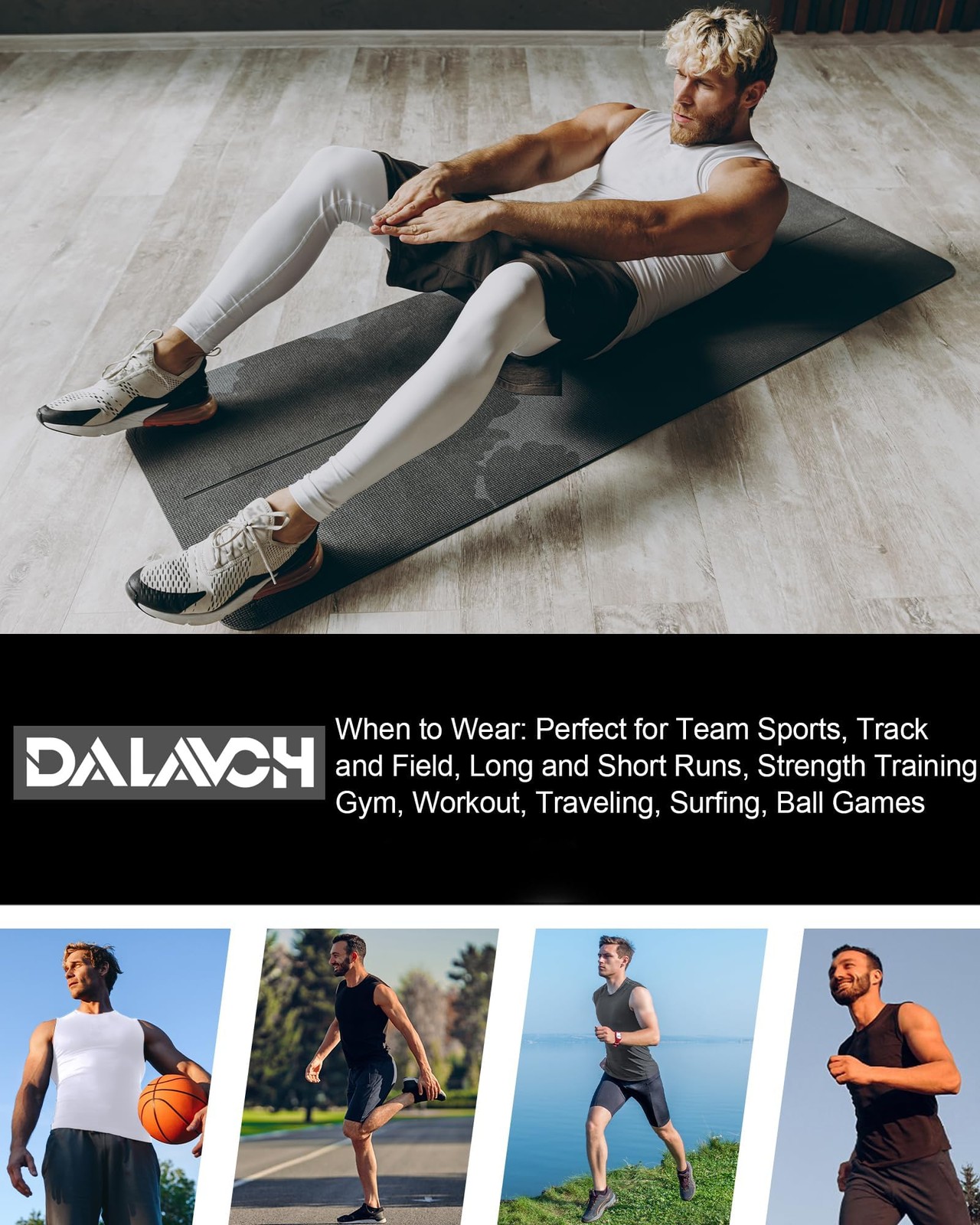 Dalavch 5 Pack Men’s Sleeveless Compression Medium, 2 Black 2 White 1 Blue