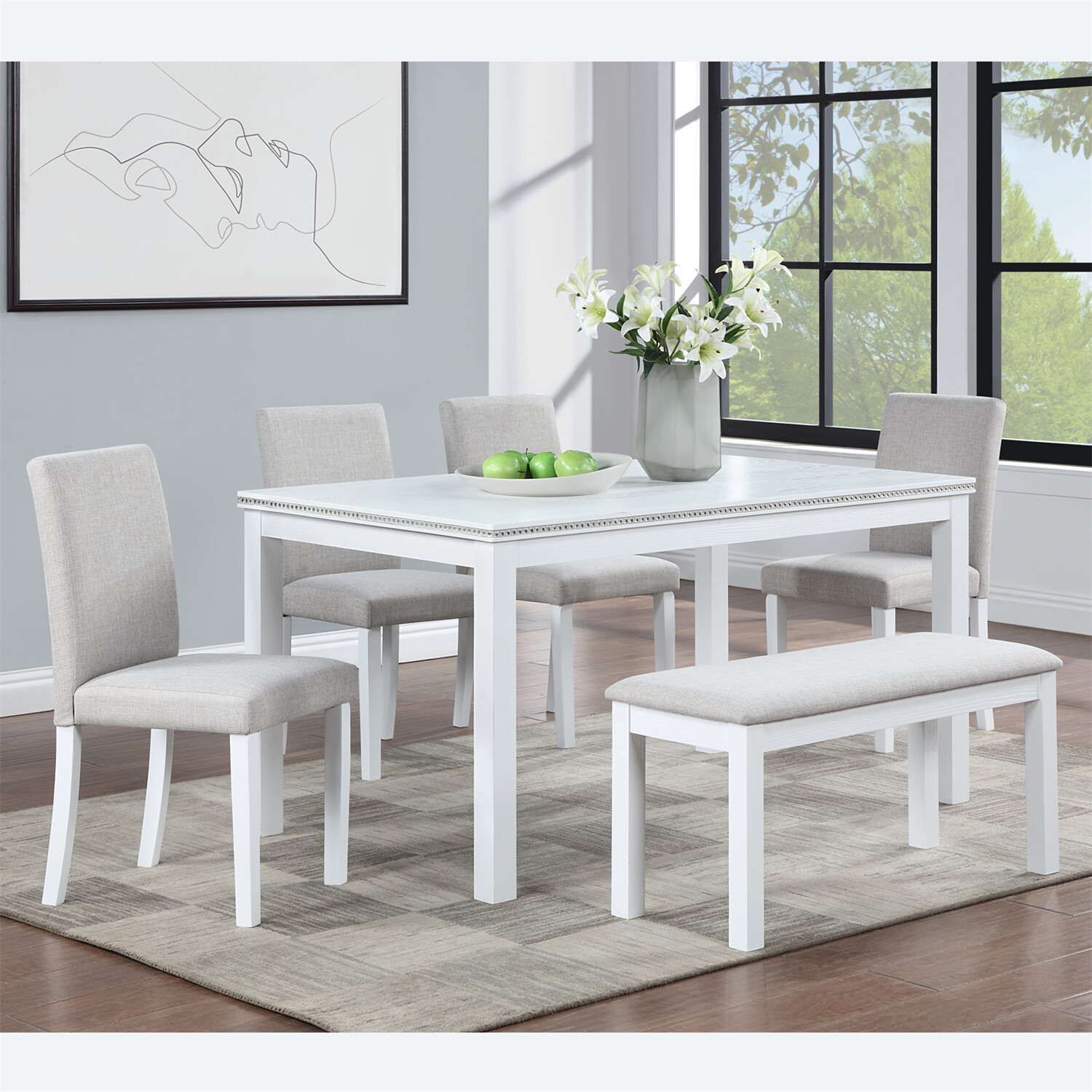 6 Piece Dining Table Set Kitchen Table Wood Dining Table w/ 4 Chair & Bench