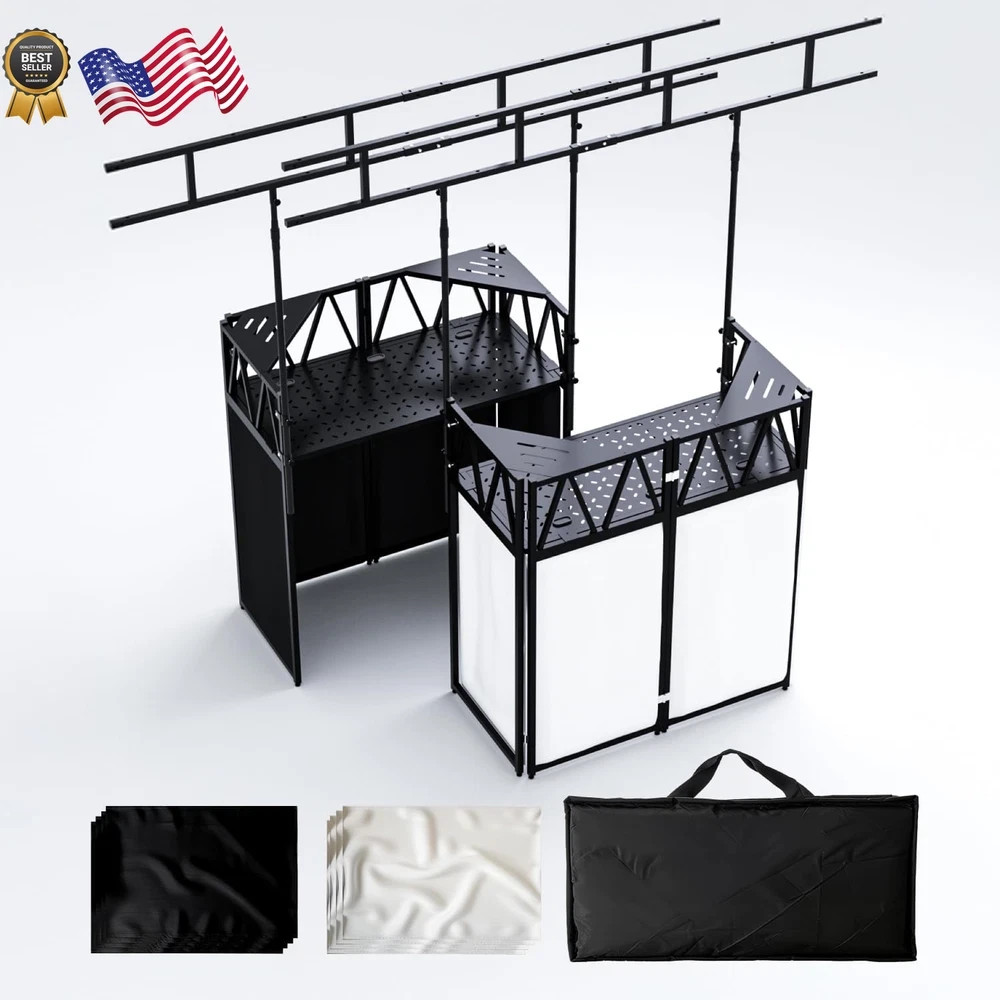 Portable DJ Booth,Foldable DJ Table Stand with Light Stand White & Black