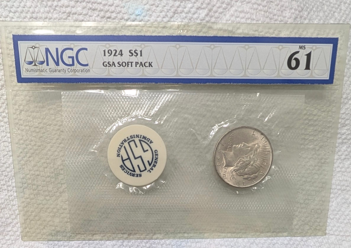 1924 P GSA Soft Pack NGC MS61 With Blue Env and 2 COA Cards Peace Dollar Low Pop