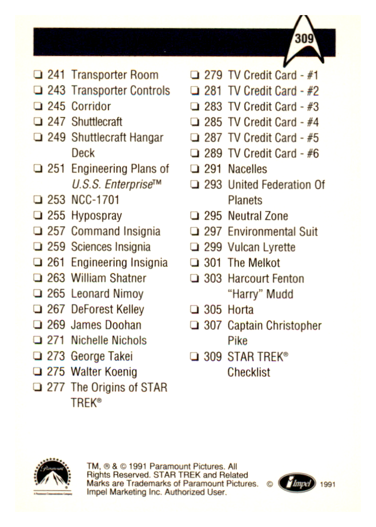 1991 STAR TREK Checklist Trading Card #309 Paramount Pictures