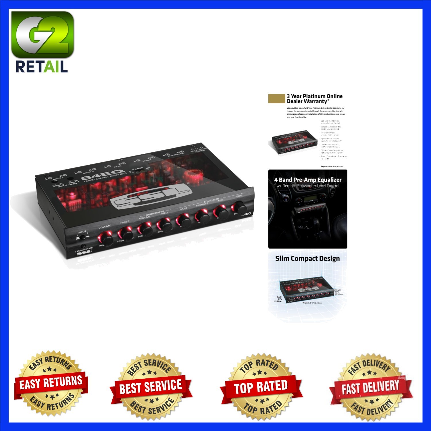 Compact 4-Band Car Audio Equalizer with Wireless Setup & Adjustable Bass Control