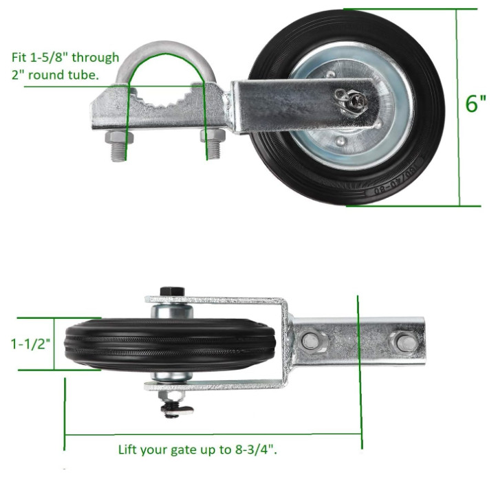 Gate Wheel for Metal Swing Gate with 1-5/8" Thru 2" Gate Frames, Gate Sup