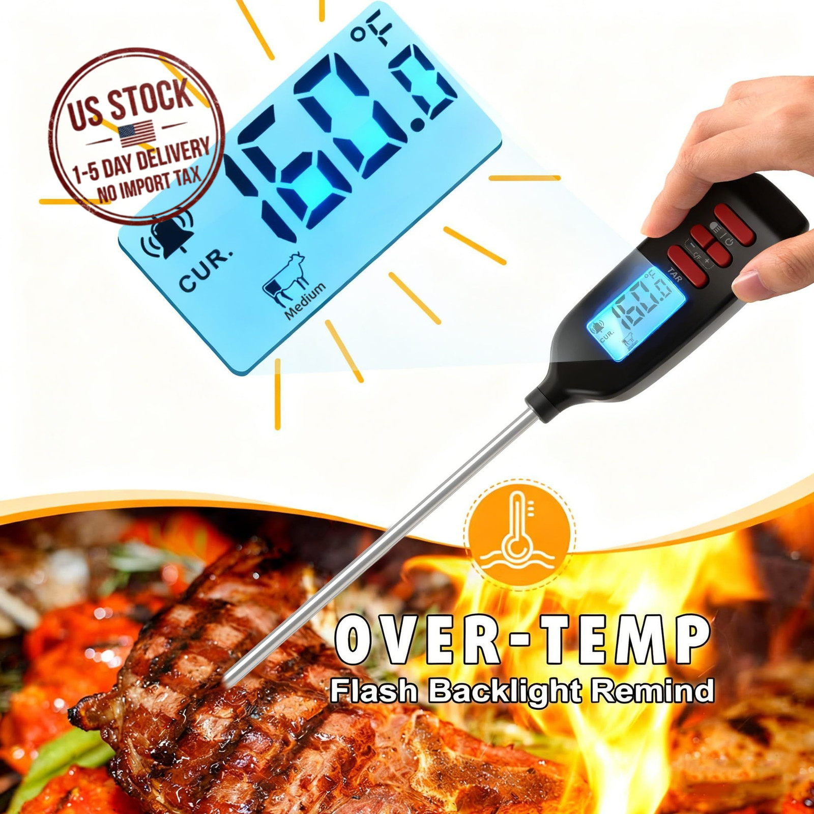 Instant Read Food Thermometer Long Probe for Cooking Grilling Baking BBQ Kitchen