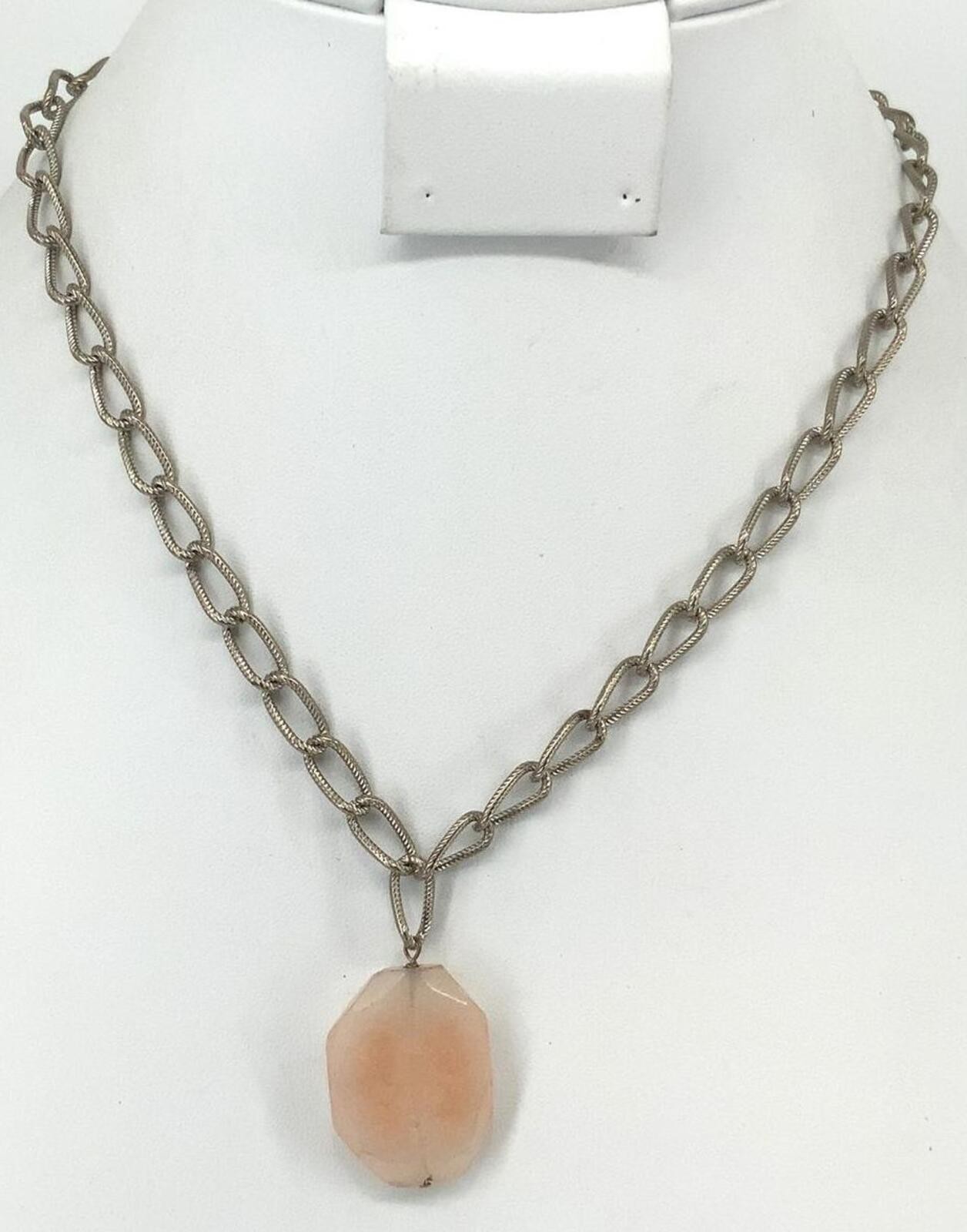 Vintage Peach Art Deco Style Necklace Silvertone Textured Link Chain