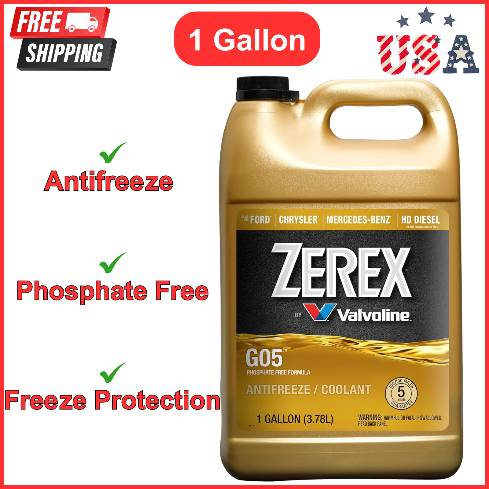 ZEREX G05 Yellow Antifreeze Coolant, 1 Gallon Hybrid Organic Acid Technology New