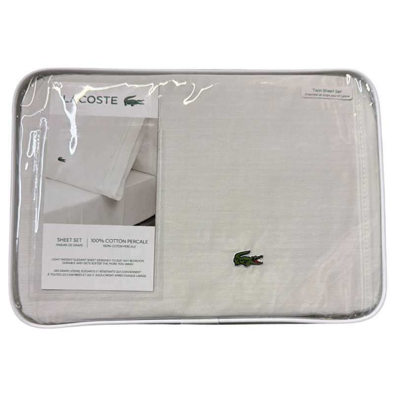 Lacoste Twin Sheet Set White 100% Cotton Percale Bedding Set New