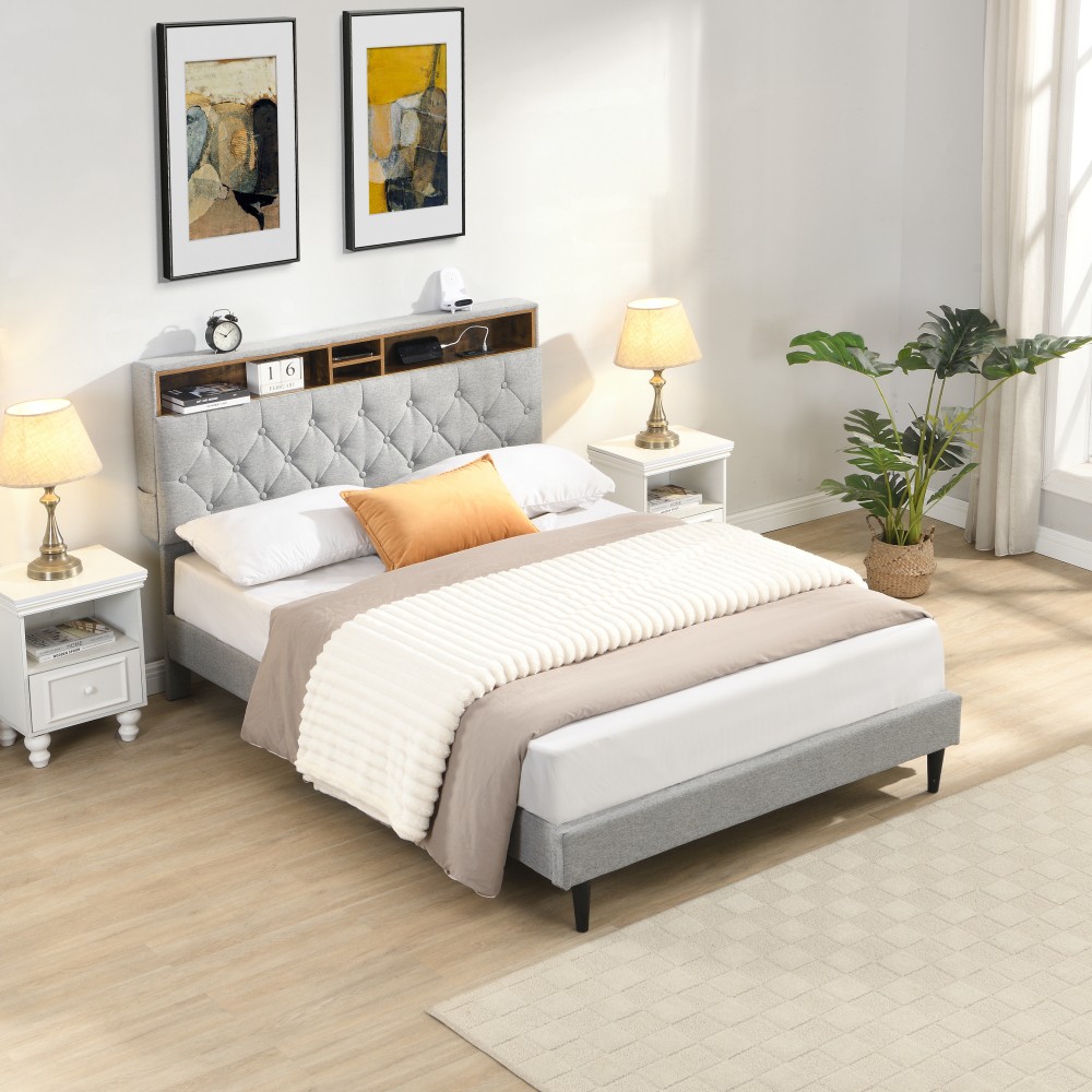 Bed Frame W Linen Fabric Headboard USB Ports Convenient Charging Station