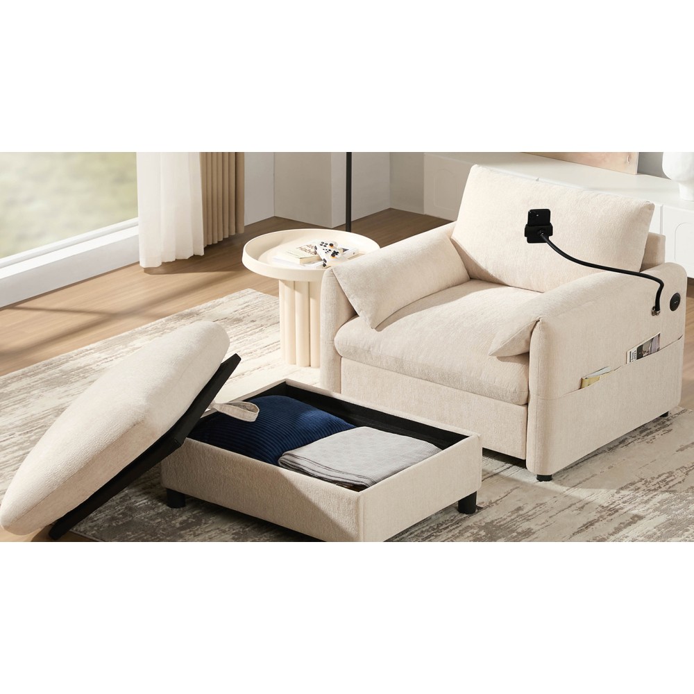 37" Chenille Cloud Chaise Lounge w/ Storage Ottoman & USB Charger