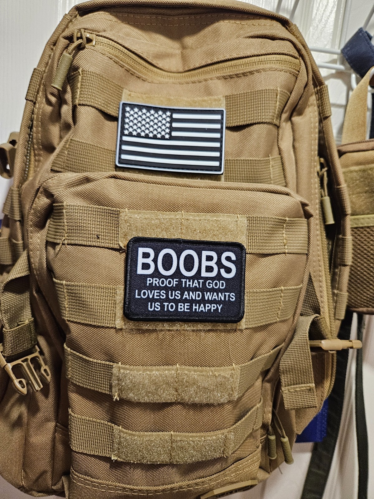 Boobs proof that God loves us and wants us happy meme 2"x3" hook & loop patch