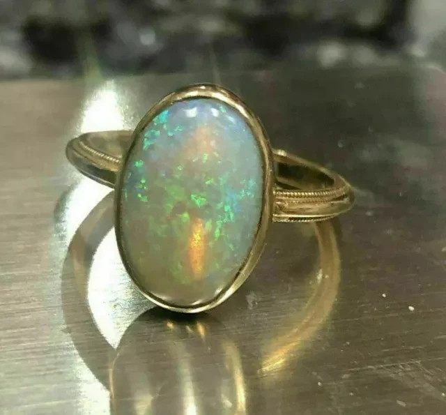 3Ct Oval Natural Opal Bezel Set Solitaire Engagement Ring 14K Yellow Gold Plated