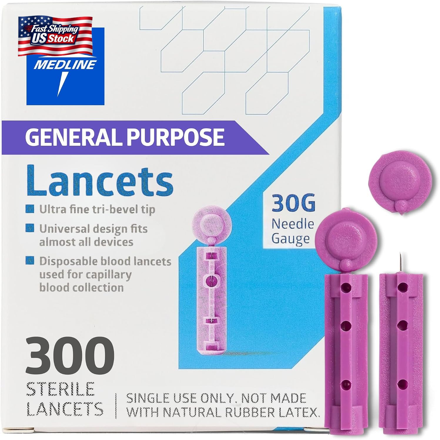 Medline General Purpose Lancets, 30G, Sterile Single Use Lancets for Diabetes Te
