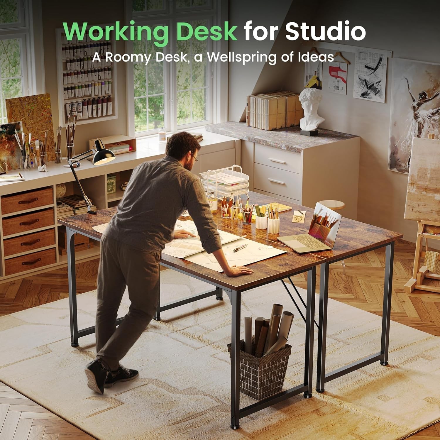 Computer Desk, Rustic Brown, 55 Inch Home Office Gaming Work from Home Study
