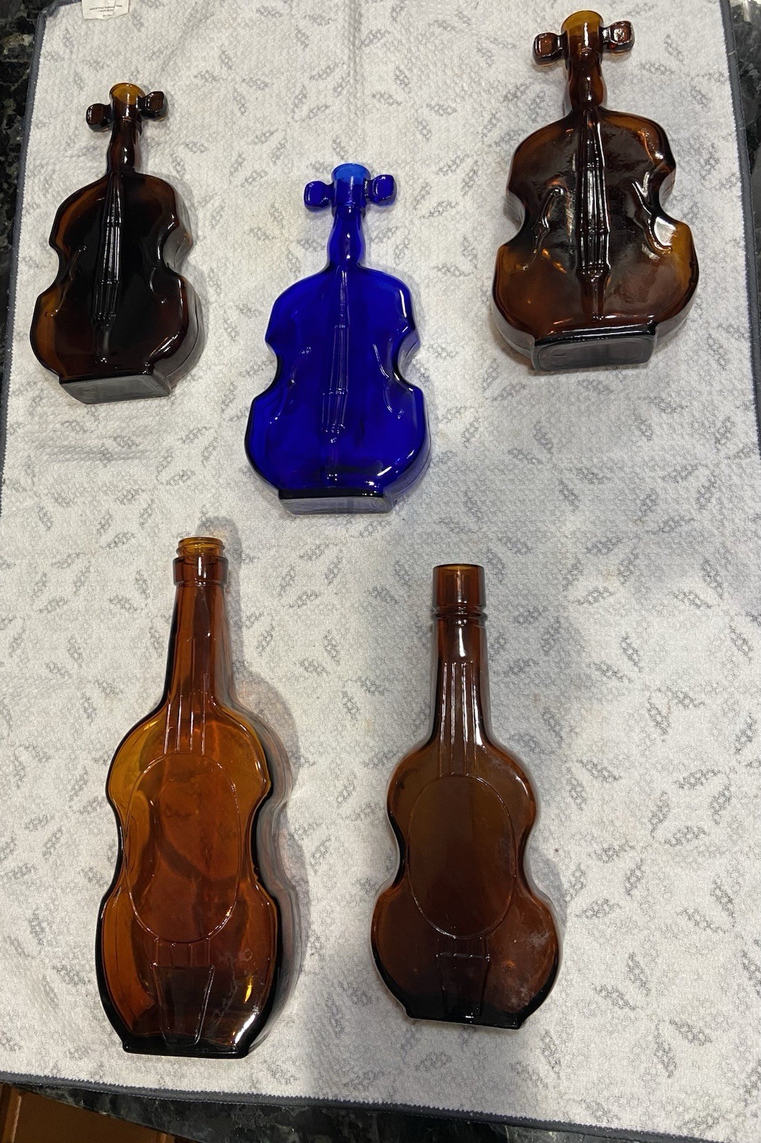 Vintage Amber And Cobalt Blue Violin/Fiddle Bottles Whiskey Bardstown 5 Bottles