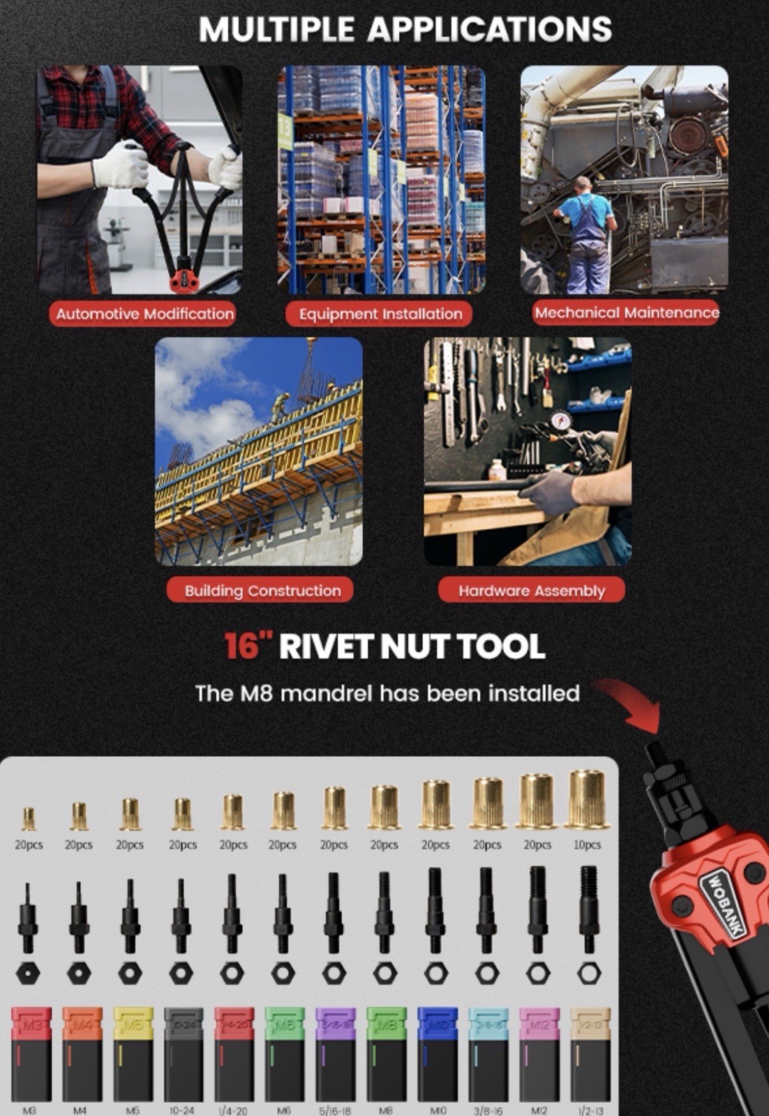 WOBANK 16” RIVET NUT TOOL KIT [Missing Pieces: See Pics/description]