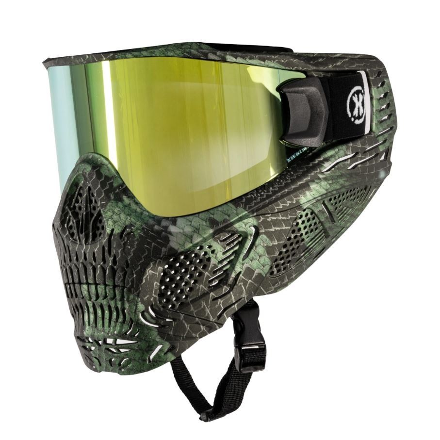 HK Army Paintball HSTL Skull Protective Goggle Mask Snake Green w/ Gold Lens
