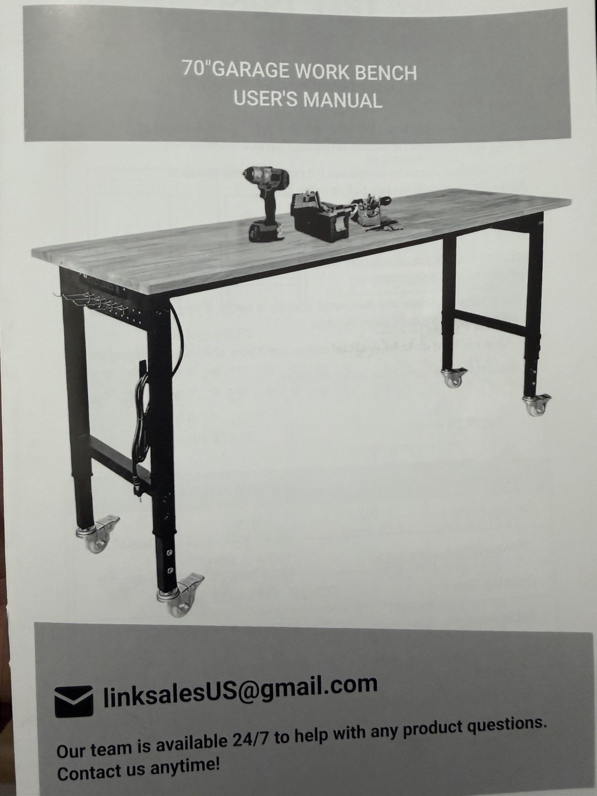 Rolling Heavy-Duty Adjustable Workbench with Power Outlet and Wheels