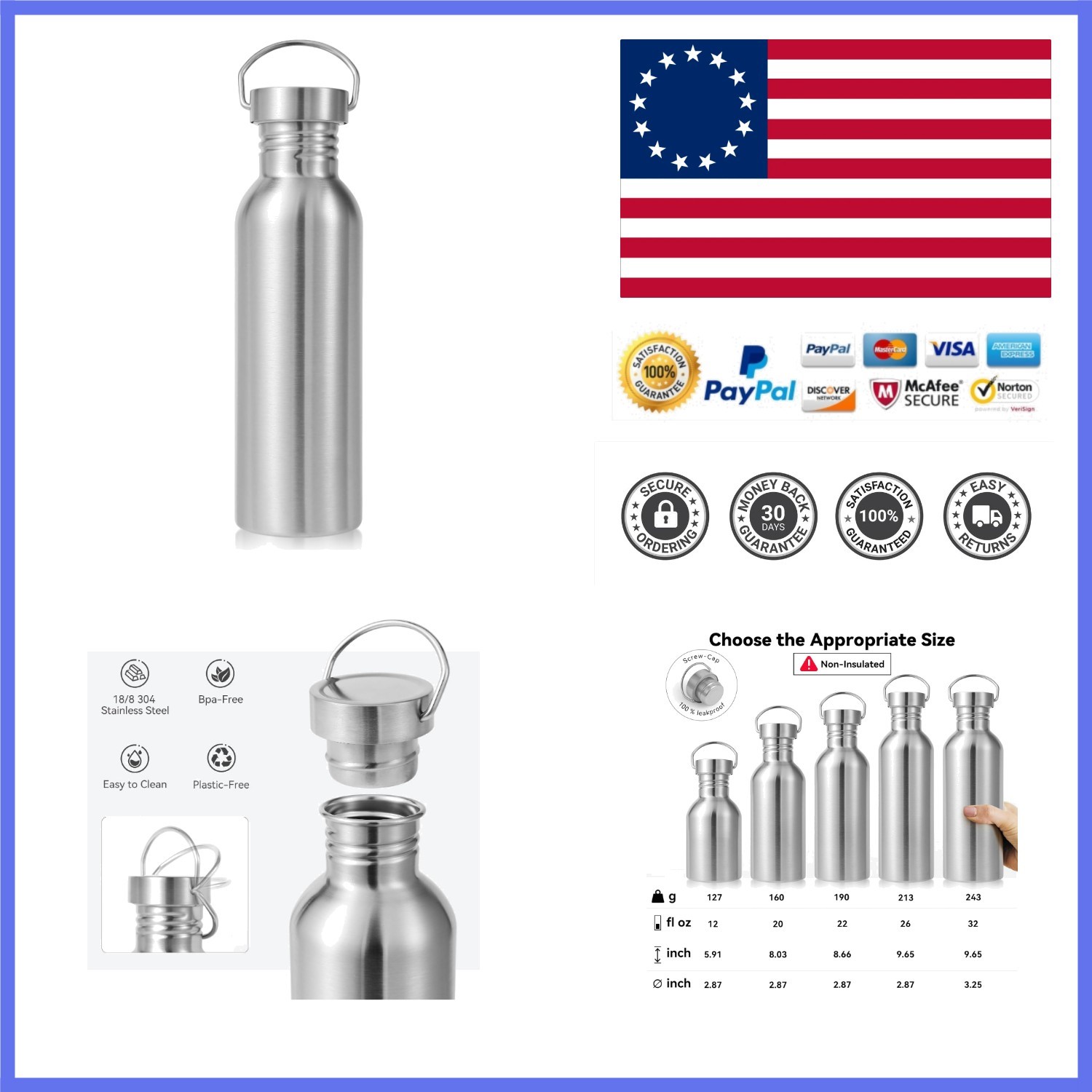 26oz Uninsulated Single Walled Water Bottle, Stainless Steel Reusable Water B...