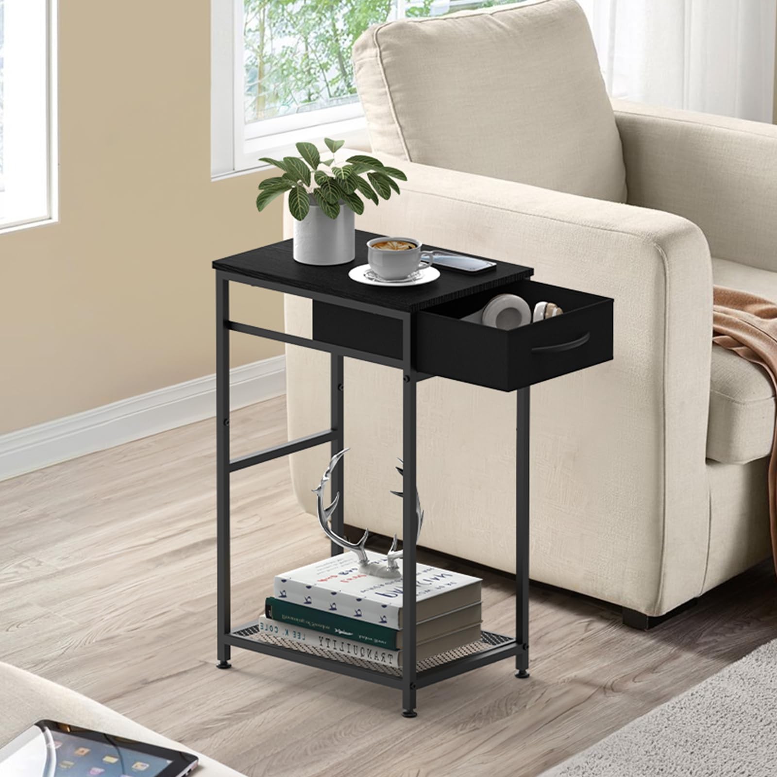 2 Tier PC Stand - Black Computer Tower Stand with Fabric Drawer, Modern Print...