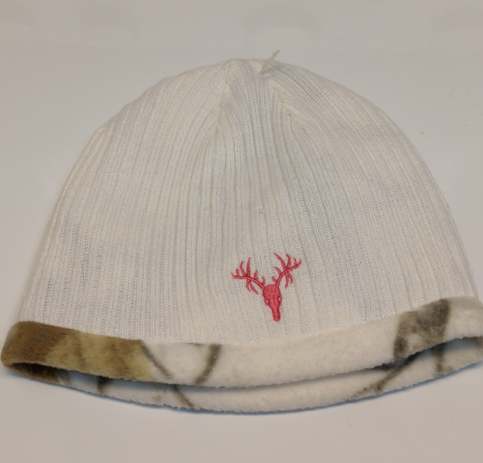 Reversible Thermal Fleece Beanie White Camouflage Lining with Deer Embroidery
