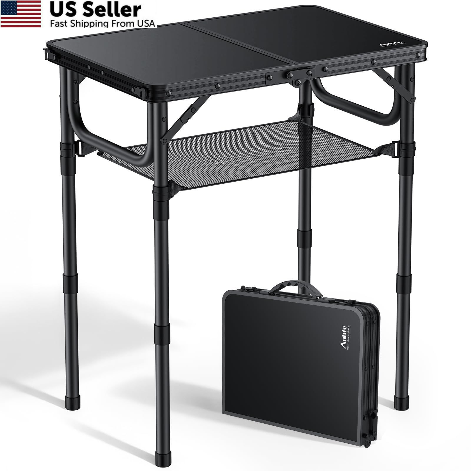 Anbte Folding Camping Table with Storage 24"L x 16"W x 27.5H", Pure Black