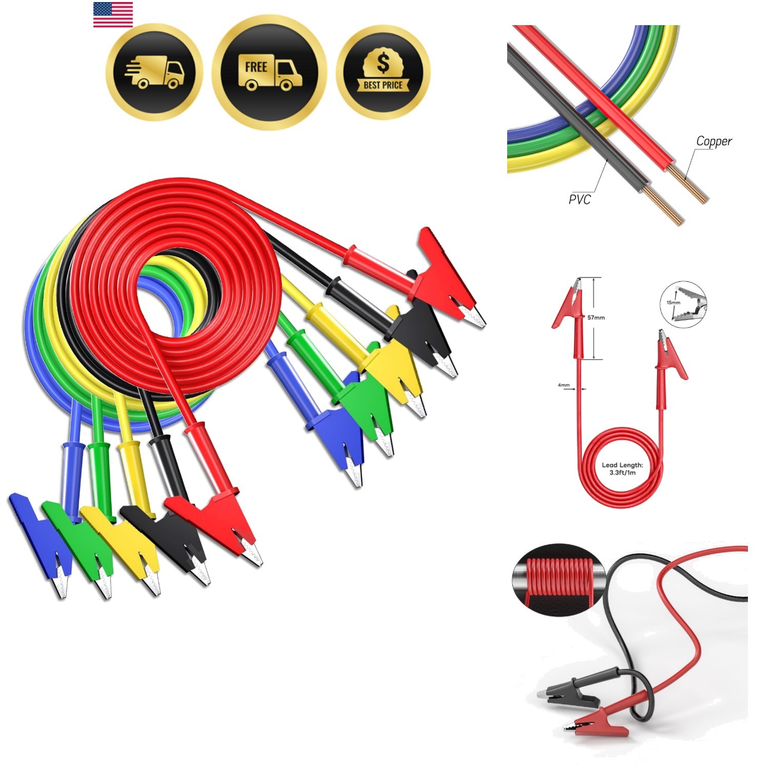 5PCS Alligator Clips  Leads Dual Ended Crocodile Wire Cable with Insulators C...