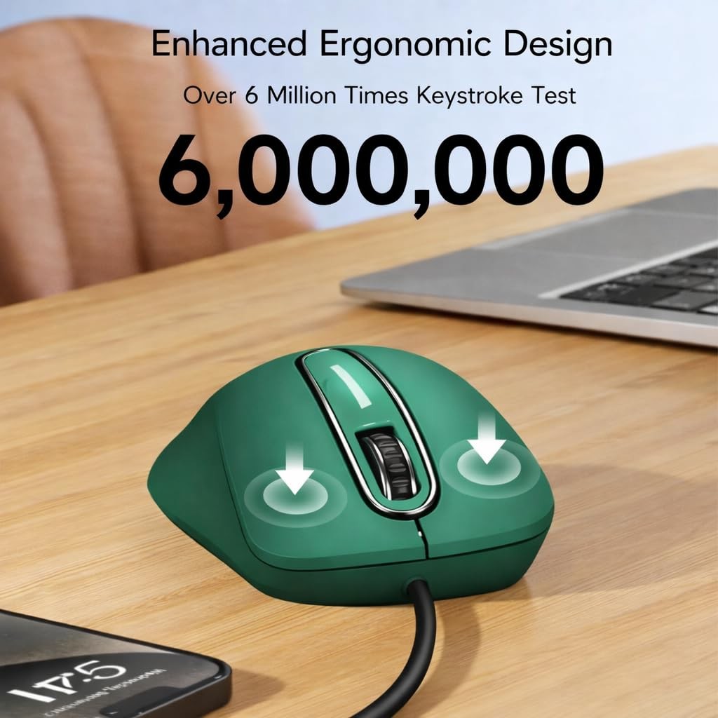 Wired USB Computer Mouse 1400 DPI Optical Ergonomic 5 Ft Cord Dark Green