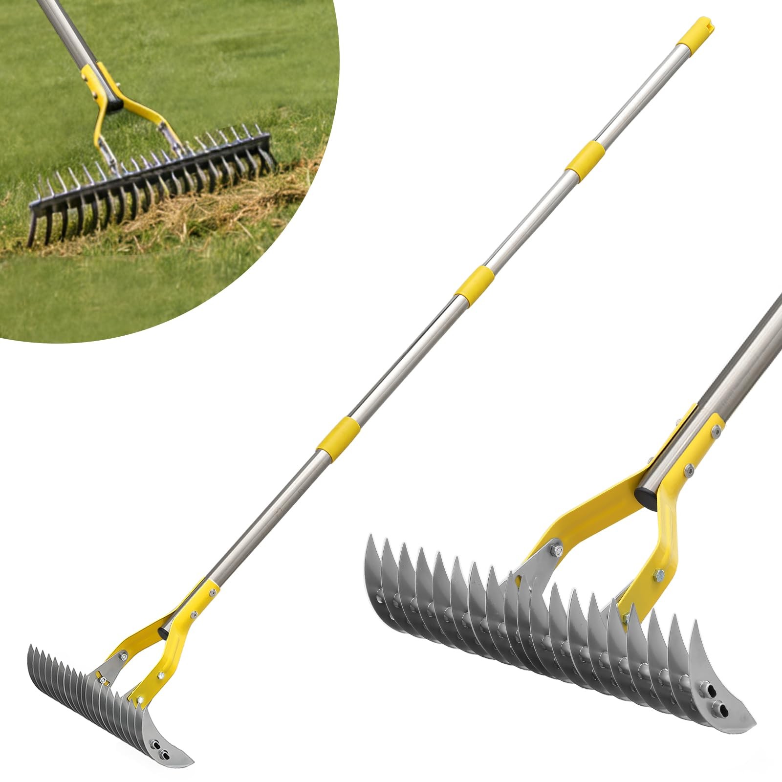 15Inch Manual Dethatcher Rake for Lawn Care, Soil Loosening, and Thatch Removal