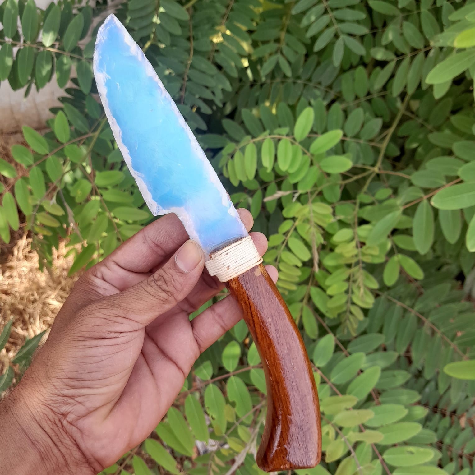 Hand-Knapped Opalite Athame – 10-Inch Ritual Blade with Curved Wood Handle ,