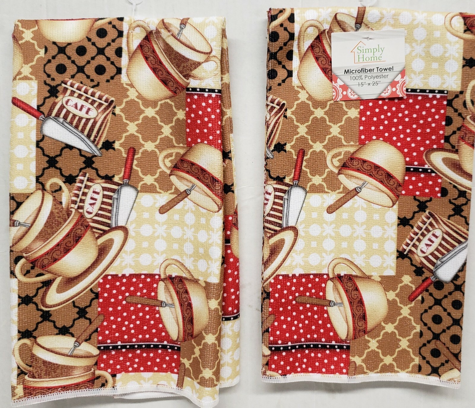 SET OF 2 SAME PRINTED MICROFIBER TOWELS (15 x 25") COFFEE CUPS STACK & SPOONS,SH