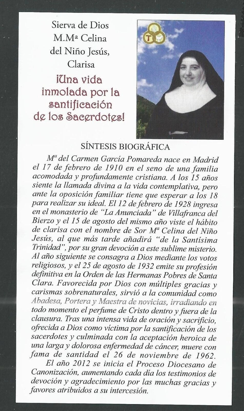 Holy card de la Venerable Sor Celina santino image pieuses estampa