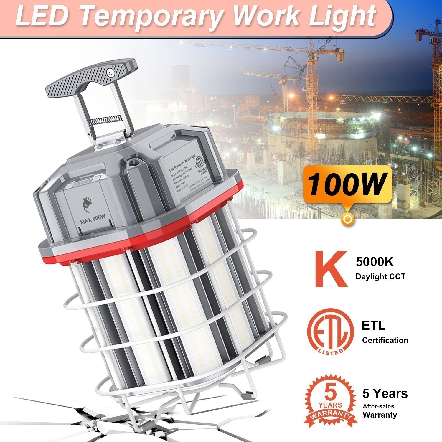 LED Temporary Work Light 100W (Equiv.400W) 5000K Jobsite Constraction Lighting