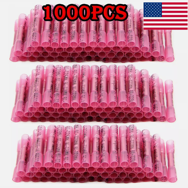 1000PCS Heat Shrink Wire Connectors Red 22-16 AWG Butt Seal Terminals Durable