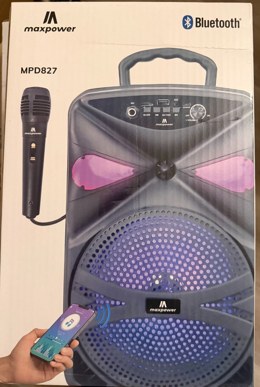 Max Power MPD827 Karaoke Bluetooth Speaker, 8" Woofer, Mic and Carry Handle -NEW