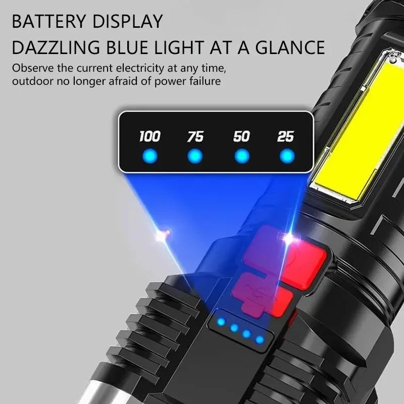 Rechargeable LED Camping Spotlight High Power Flashlight with Side Light & Modes