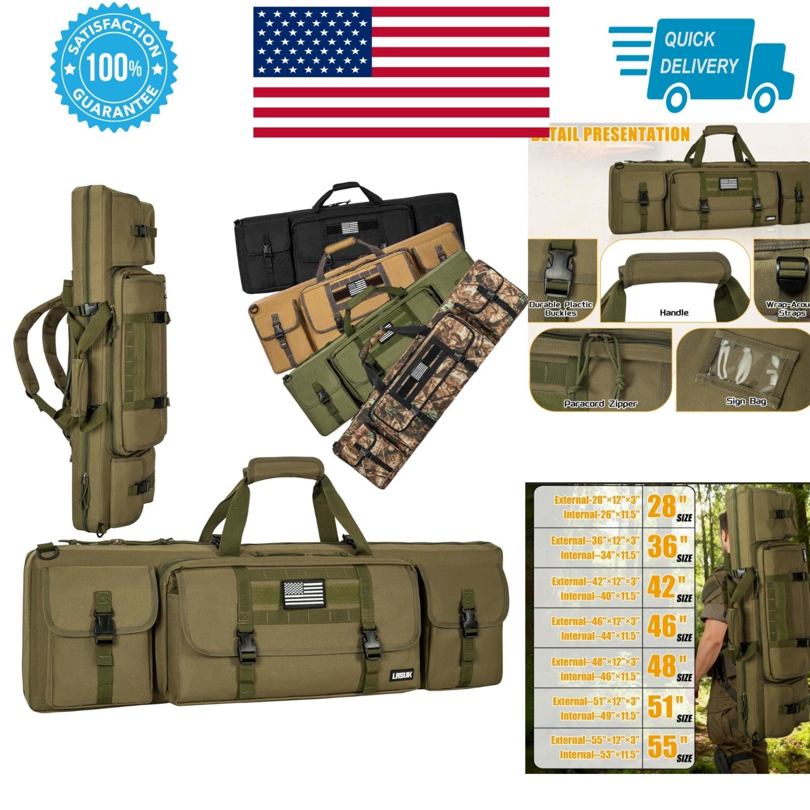 LASUK 36" Double Rifle Case Soft Gun Bag Tactical Backpack