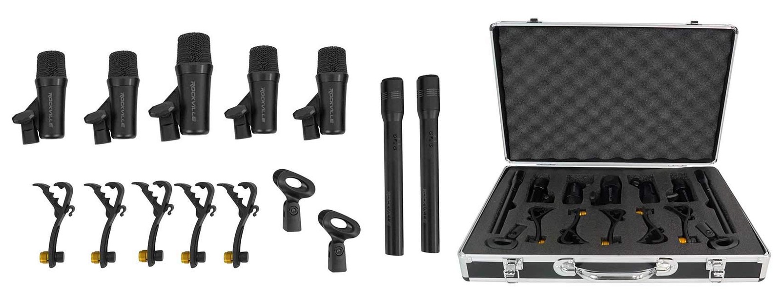Rockville PRO-D7 KIT 7-Mic Drum Microphone Set, 18.89" x 12.8" x 3.74", Black
