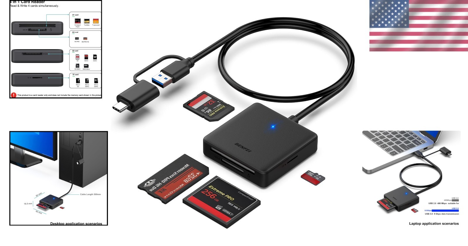 Memory Card Reader, Benfei 4In1 Usb 3.0 And Usb-c To Sd Micro Sd Ms Cf