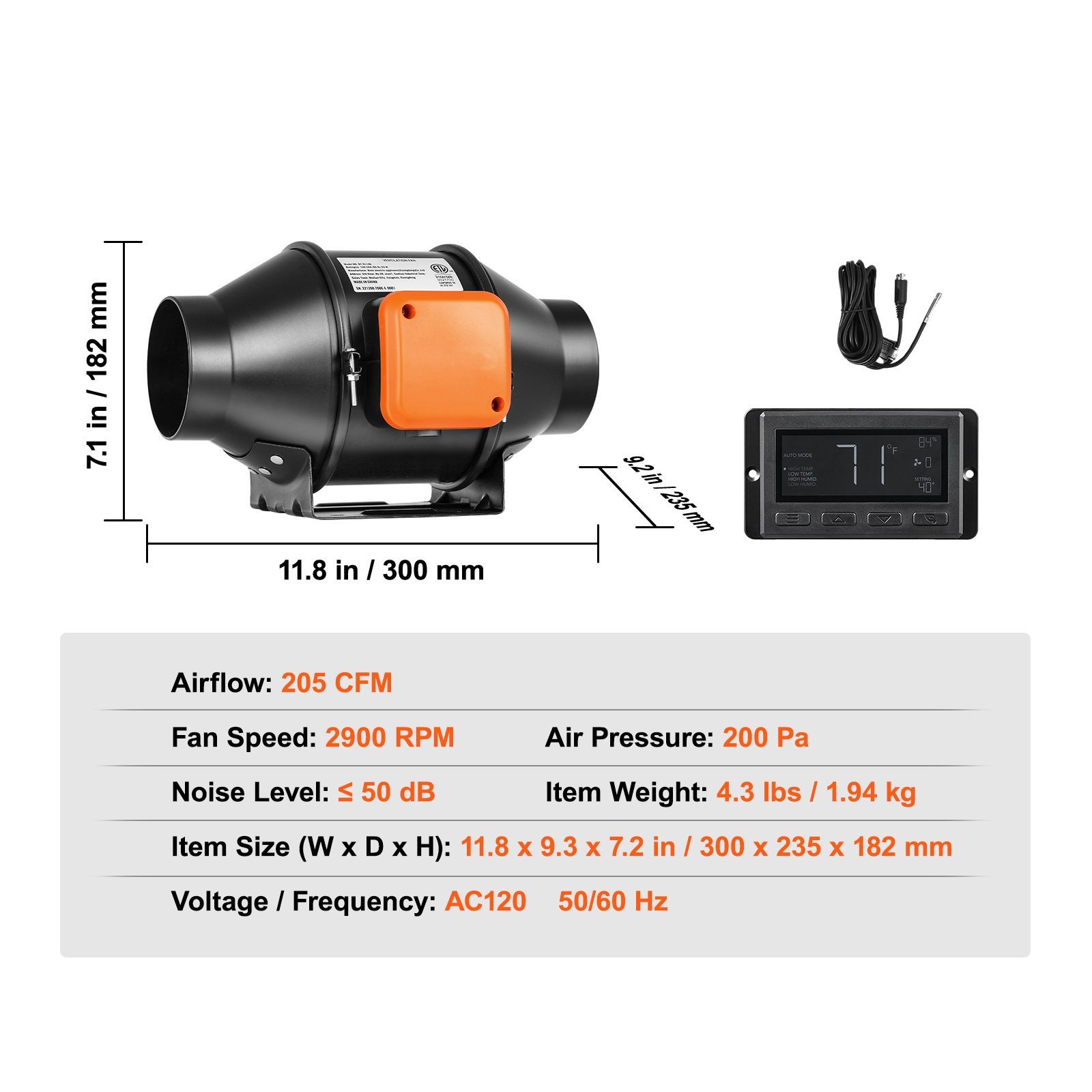 4in 205 CFM Inline Duct Fan EC Motor with Temp Humidity Controller