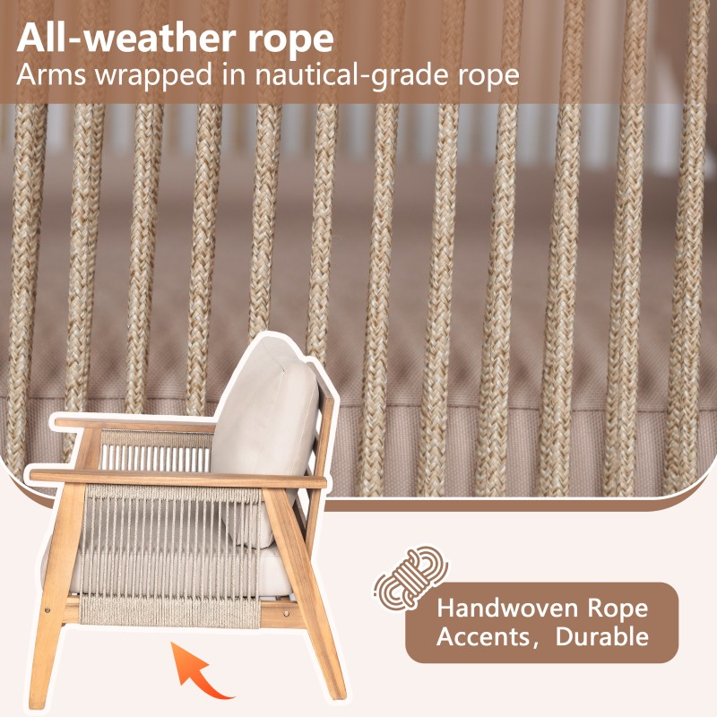 4-Piece Acacia Wood Rope Outdoor Sectional Patio Sofa Set Beige Teak