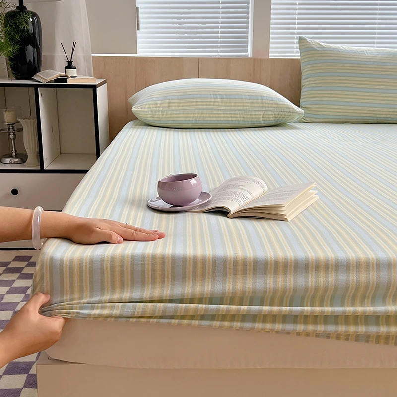 Nordic Stripe Fitted Sheet Non Slip 100% Cotton With Elastic Band Mattress Cover