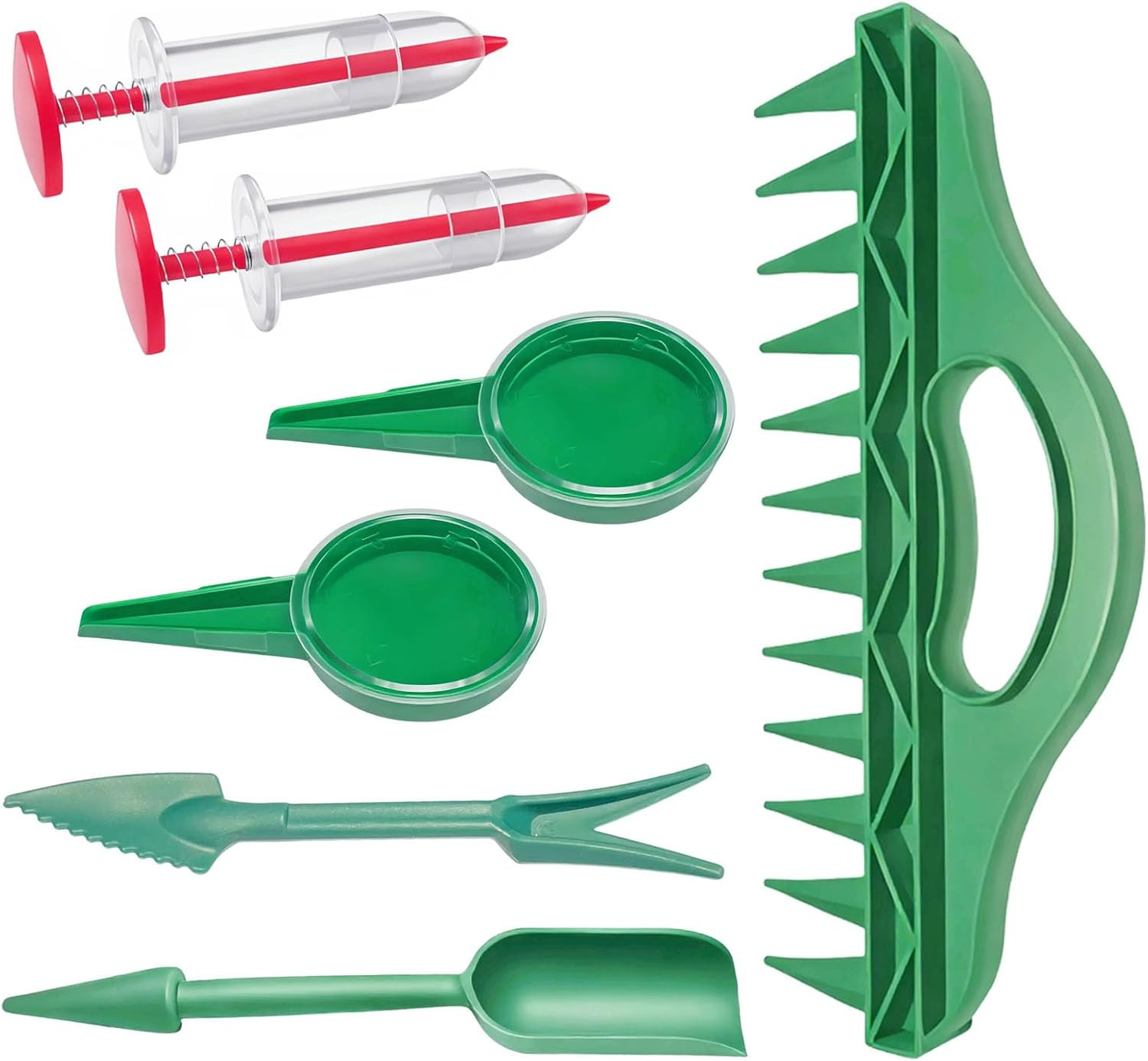7PCS Mini Handheld Seed Spreader Set with Adjustable Speeds and 12-Hole Dibber T