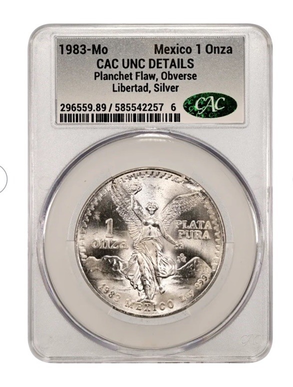 1983-Mo Libertad 1 Onza - CAC UNC 🔥🔥MINT ERROR/PLANCHET FLAW ✳️✳️💥💥